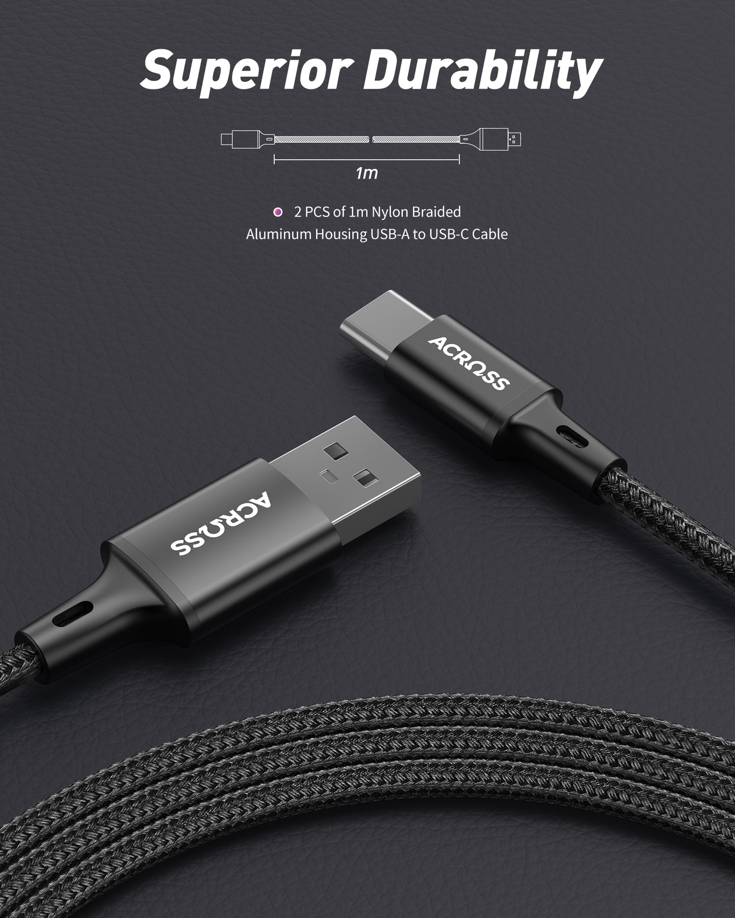 Across CurrentCord 2-packs 1m USB-A to USB-C braided cable with aluminum housing