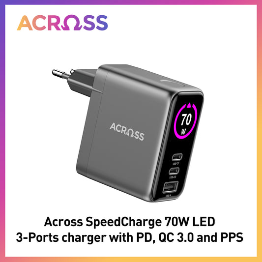 Across SpeedCharge 70W LED 3-Ports charger with PD, QC3.0 and PPS