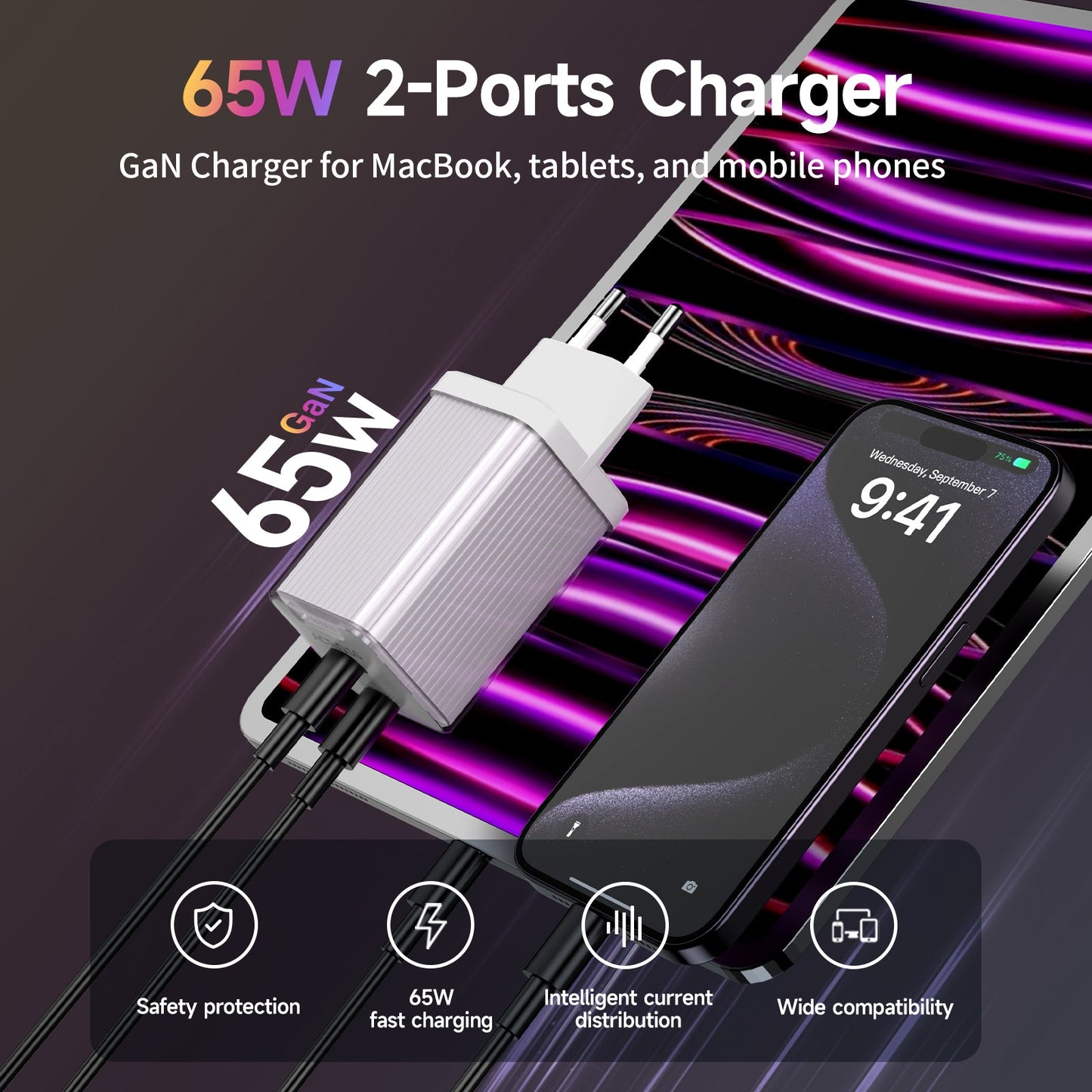 Across SpeedCharge 65W 2-Ports charger with PD, QC 3.0 and PPS - EU Version