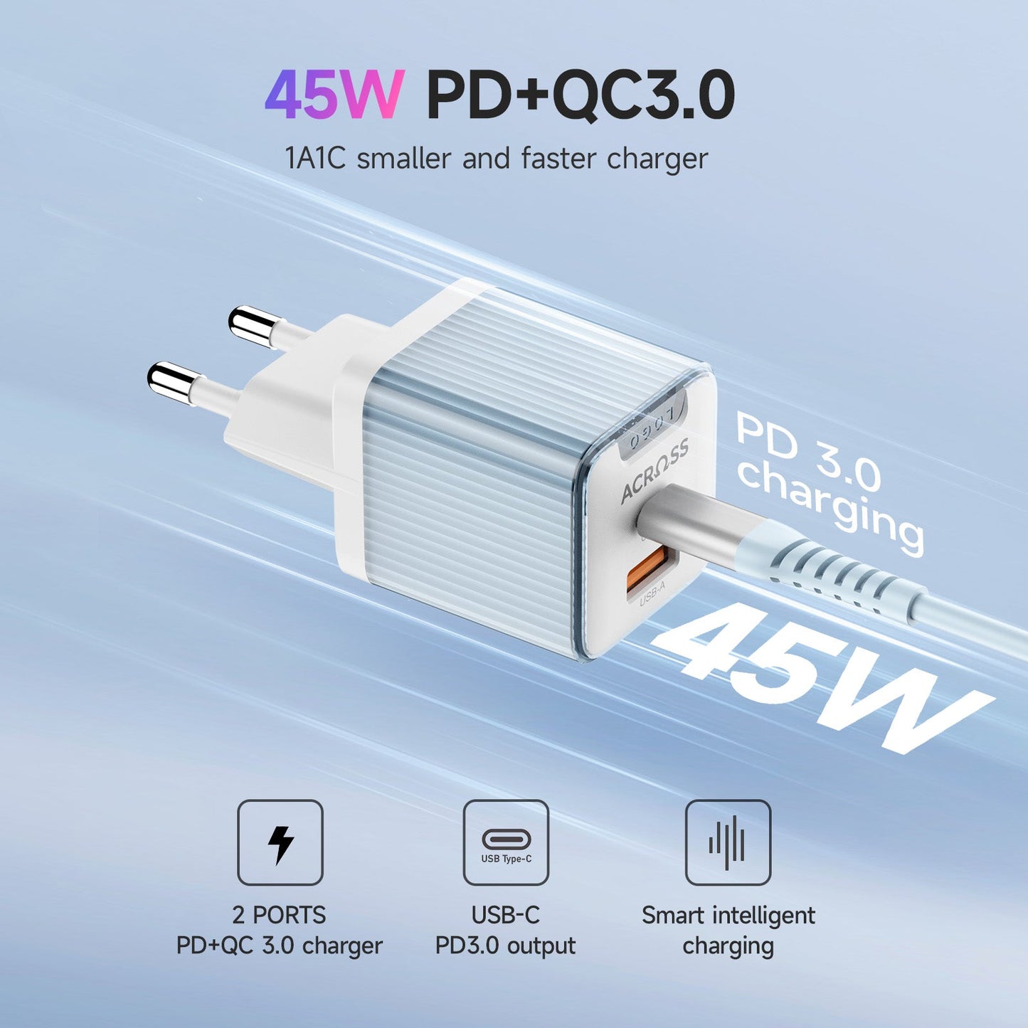 Across SpeedCharge 45W 2-ports charger with PD, QC 3.0 and PPS - EU Version