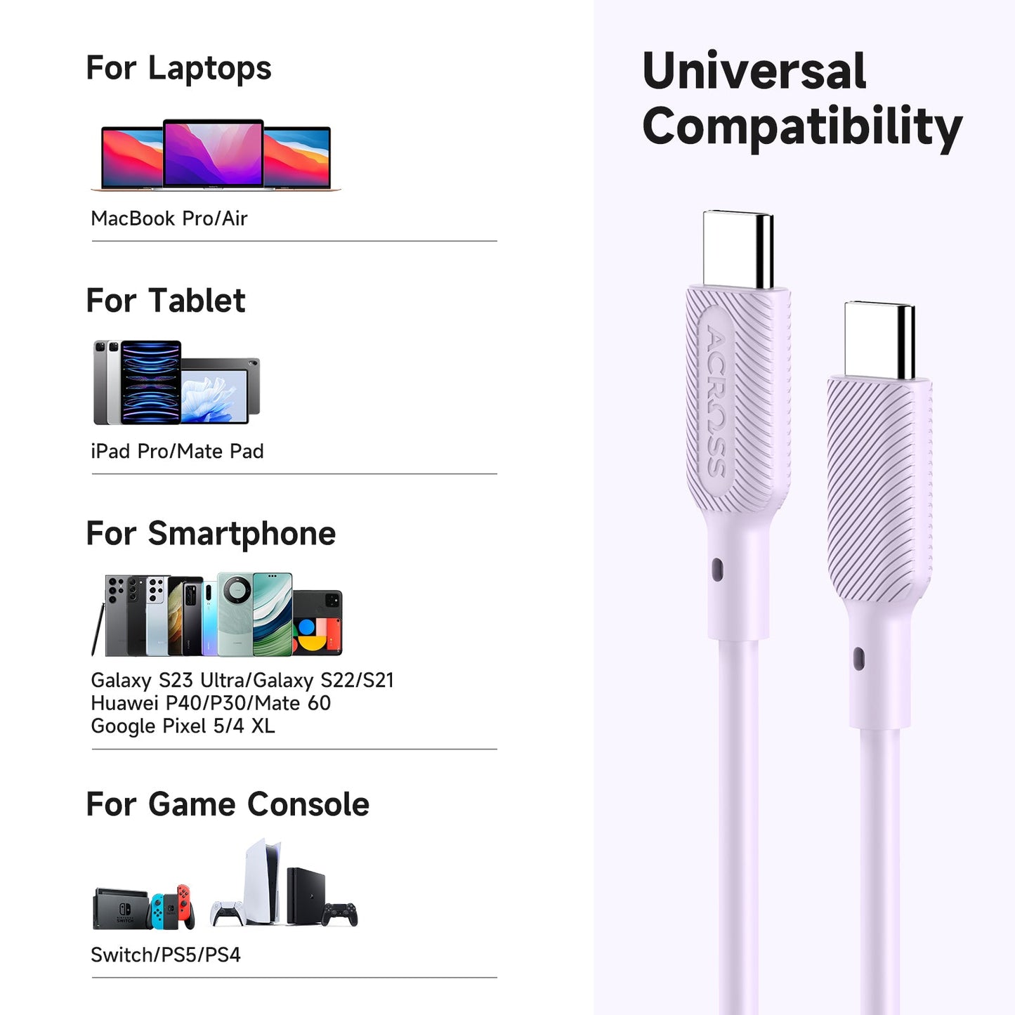 CurrentCord 1.2m 60W USB-C to USB-C liquid silicone cable for Macbook iPhones Androids Switch PS5