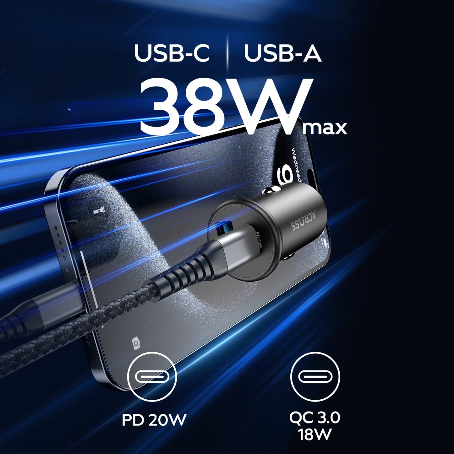 Across SpeedCharge 38W 2-Ports Car Charger with Power Delivery and Quick Charge 3.0