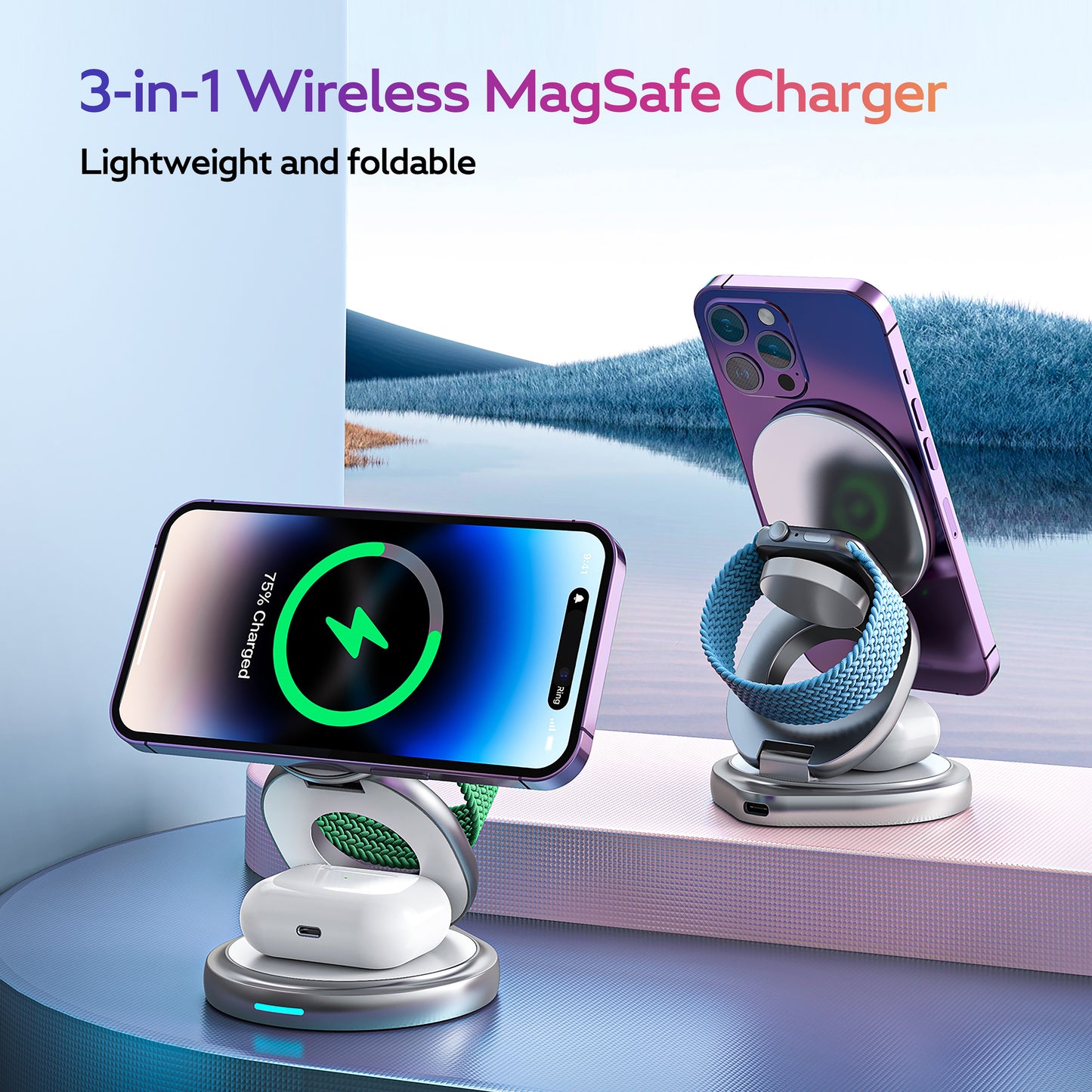 Across Foldable 3-in-1 Wireless Charger for iPhone, Airpods, and Apple Watch